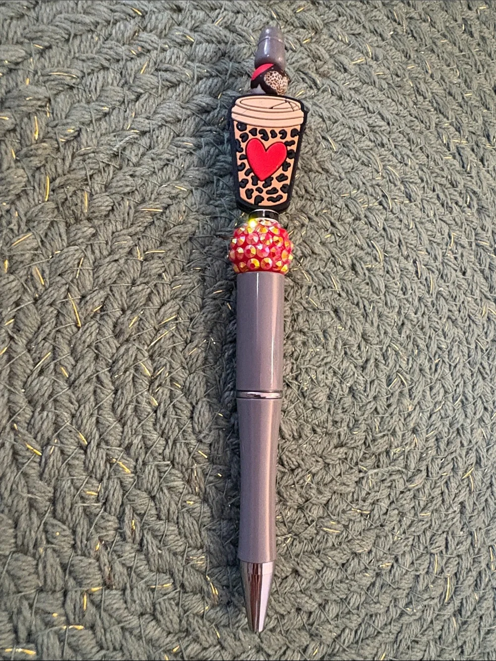 Gray Ballpoint Pen with Pink Jewel Accent and Coffee Cup Charm
